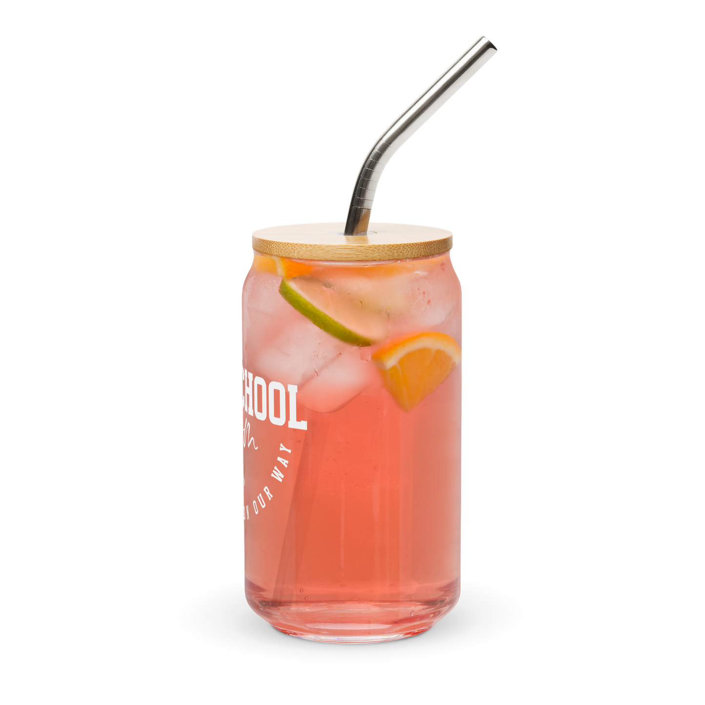 16 oz 'Homeschool Mom' glass jar with wooden lid and metal straw (left side)