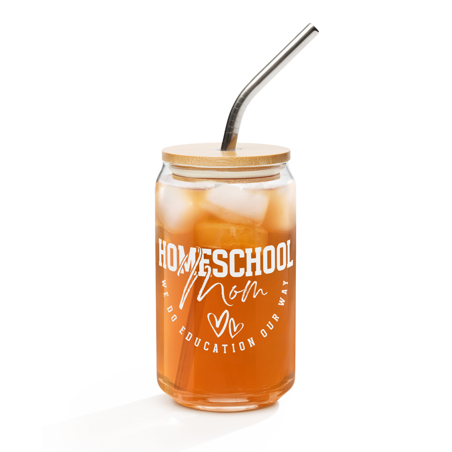 16 oz 'Homeschool Mom' glass jar with wooden lid and metal straw