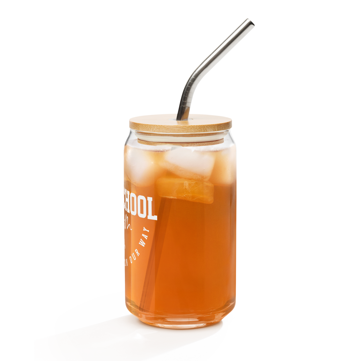 16 oz 'Homeschool Mom' glass jar with wooden lid and metal straw (left side)
