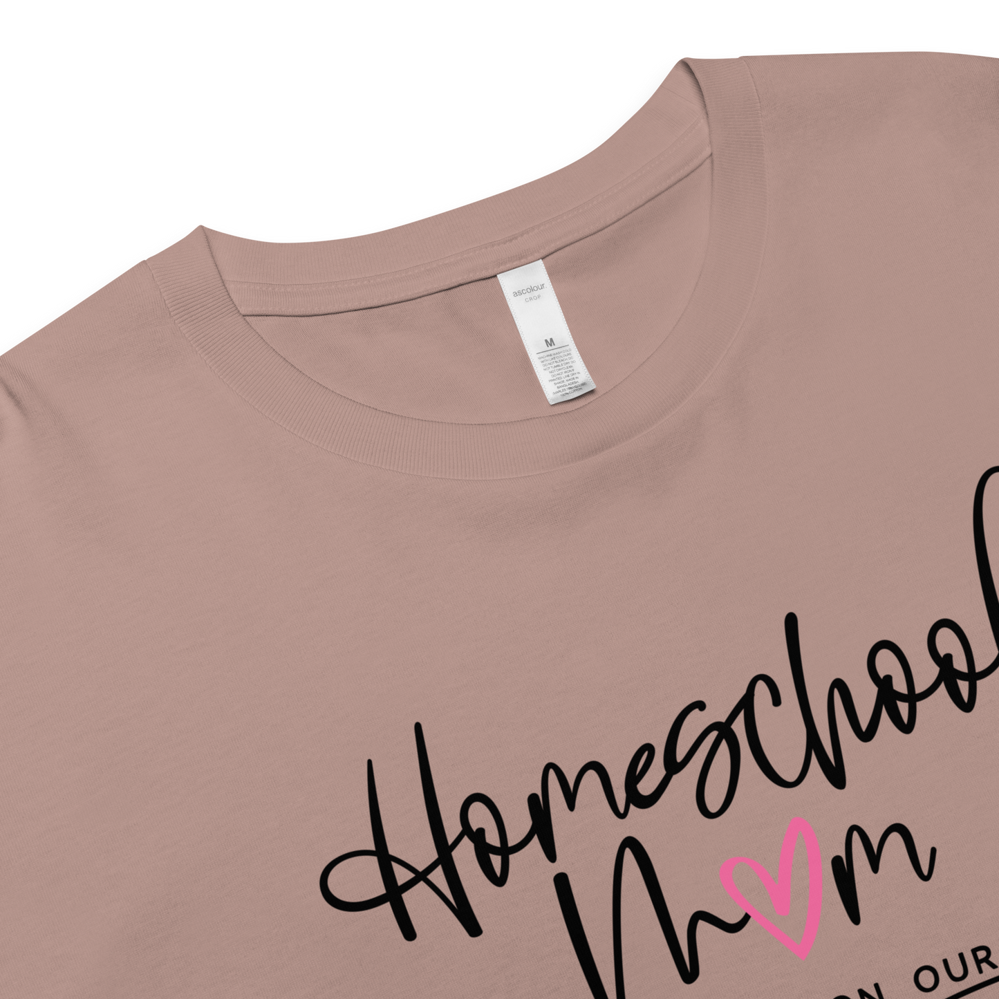 Women's hazy pink 'Homeschool Mom' cropped t-shirt (close up)