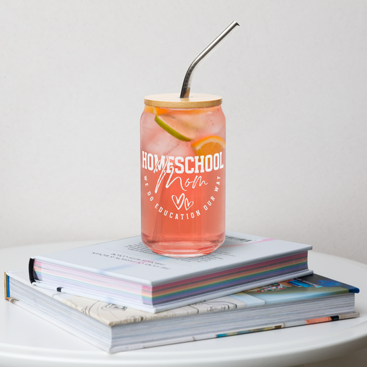 16 oz 'Homeschool Mom' glass jar with wooden lid and metal straw (on books)